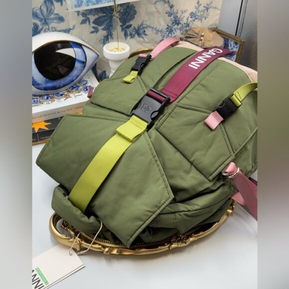 🆕 GANNI 🧿 NWT Recycled Tech Backpack, Kalamata Green & Purple/Pink - Picture 8 of 11